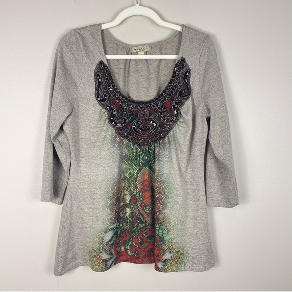 One World Blouse Womens Large Shirt Scoop Neck Embellished Beaded Tan Blouse - Picture 1 of 7
